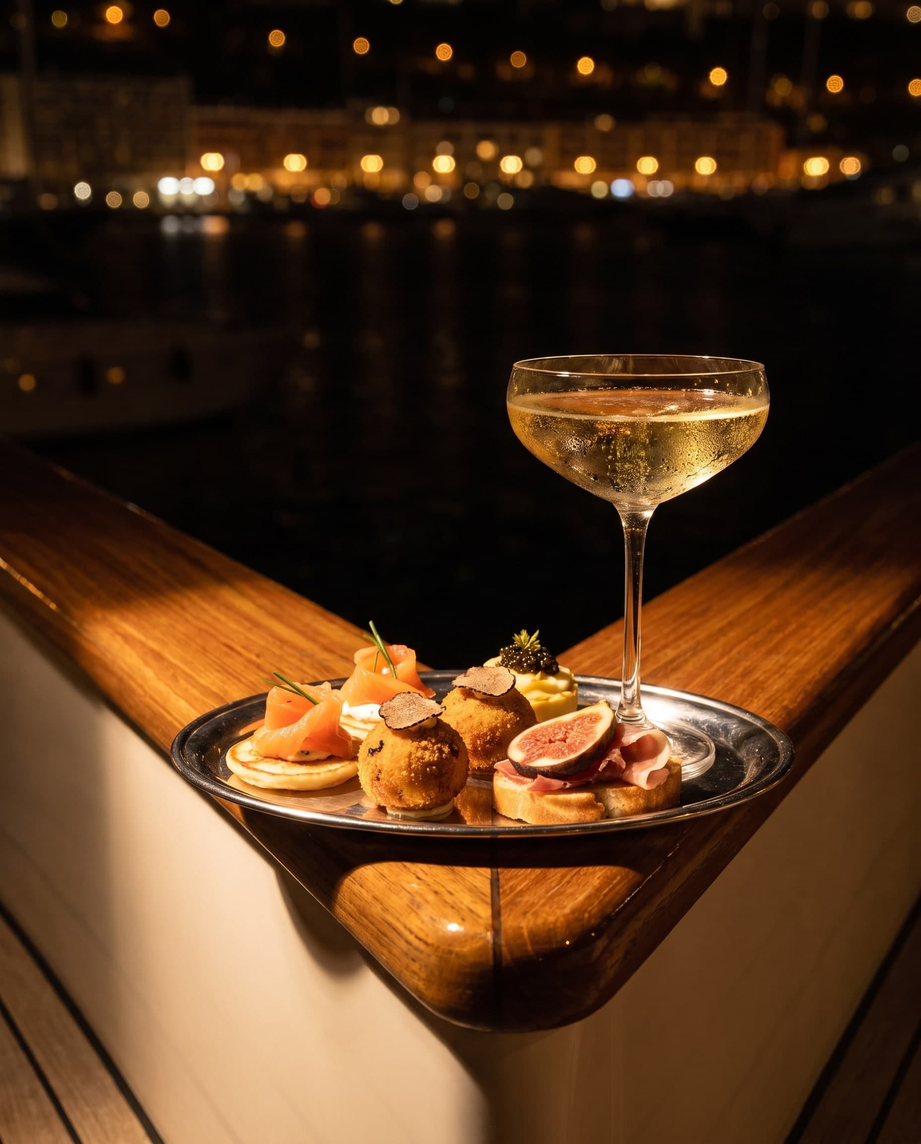 Canapés et champagne sur la main courante en teck d’un yacht, derrière les lumières d’un port la nuit