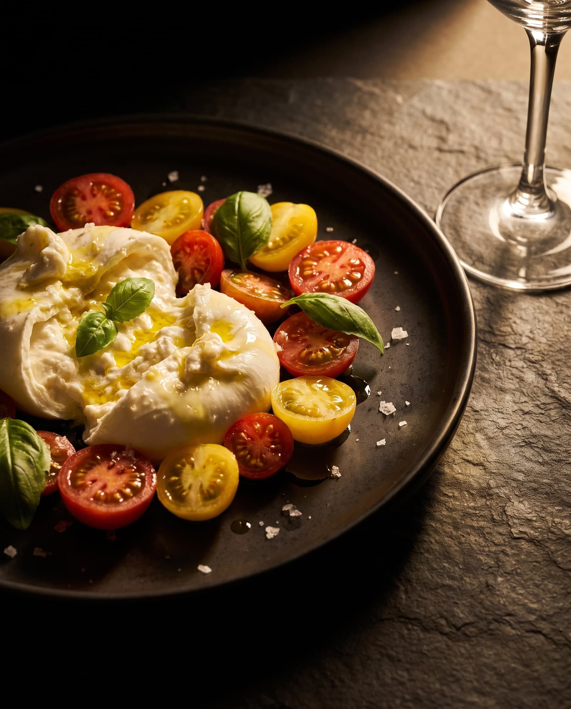 Burrata aux tomates cerises rouges et jaunes, basilic et huile d’olive sur une assiette sombre, à côté le pied d’un verre à vin, dans une chaude lumière rasante