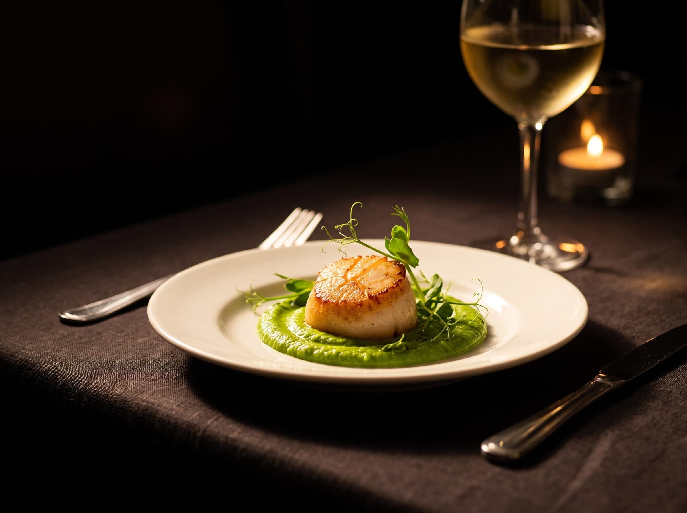 Saint-Jacques poêlée sur purée de petits pois dans une assiette blanche, à côté des couverts et un verre de vin blanc à la lueur des bougies