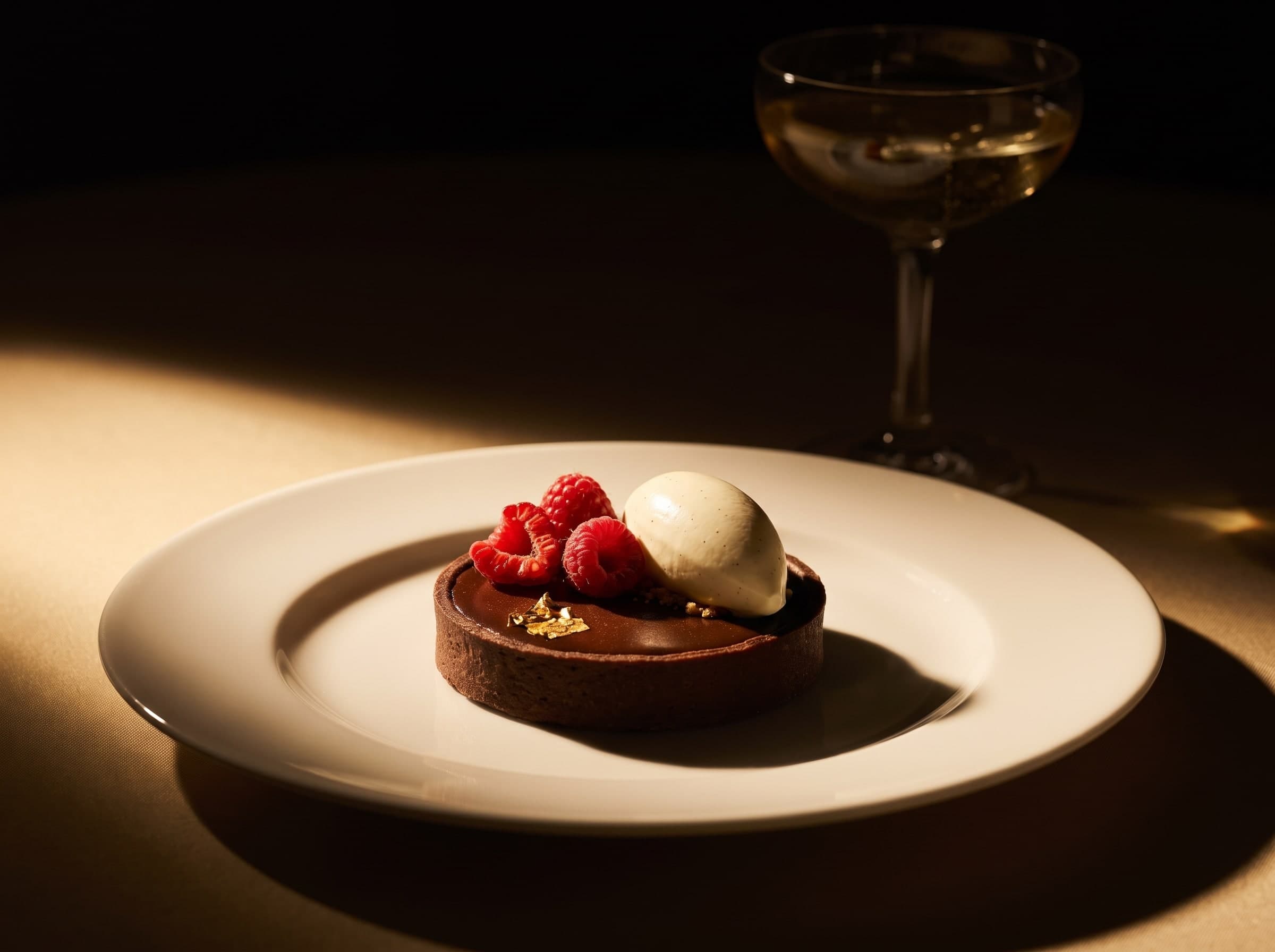 Petite tarte au chocolat aux framboises, quenelle claire et feuille d’or sur une assiette blanche, derrière une coupe de champagne