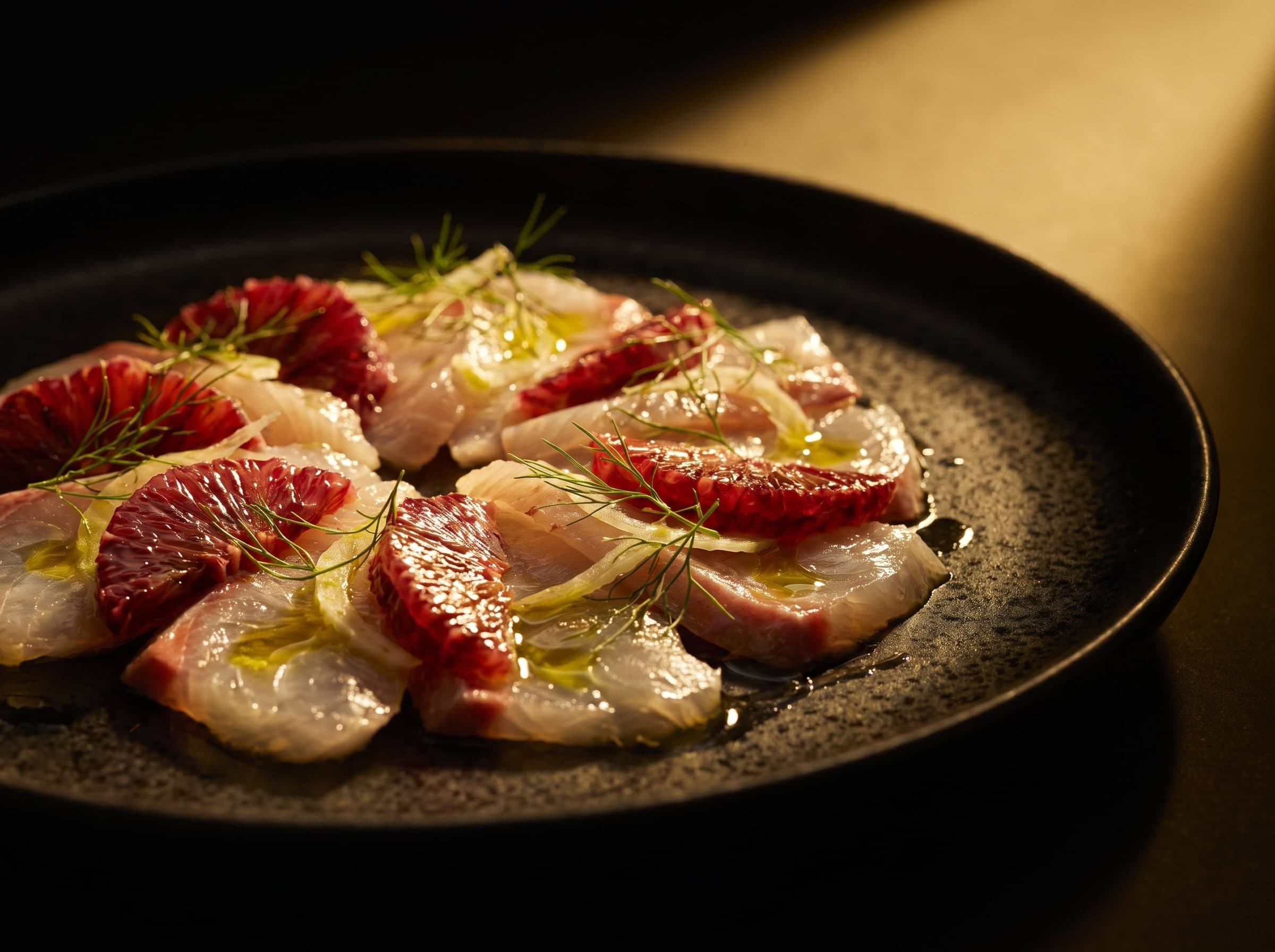 Crudo de poisson aux tranches d’orange sanguine, fanes de fenouil et huile d’olive sur une assiette sombre