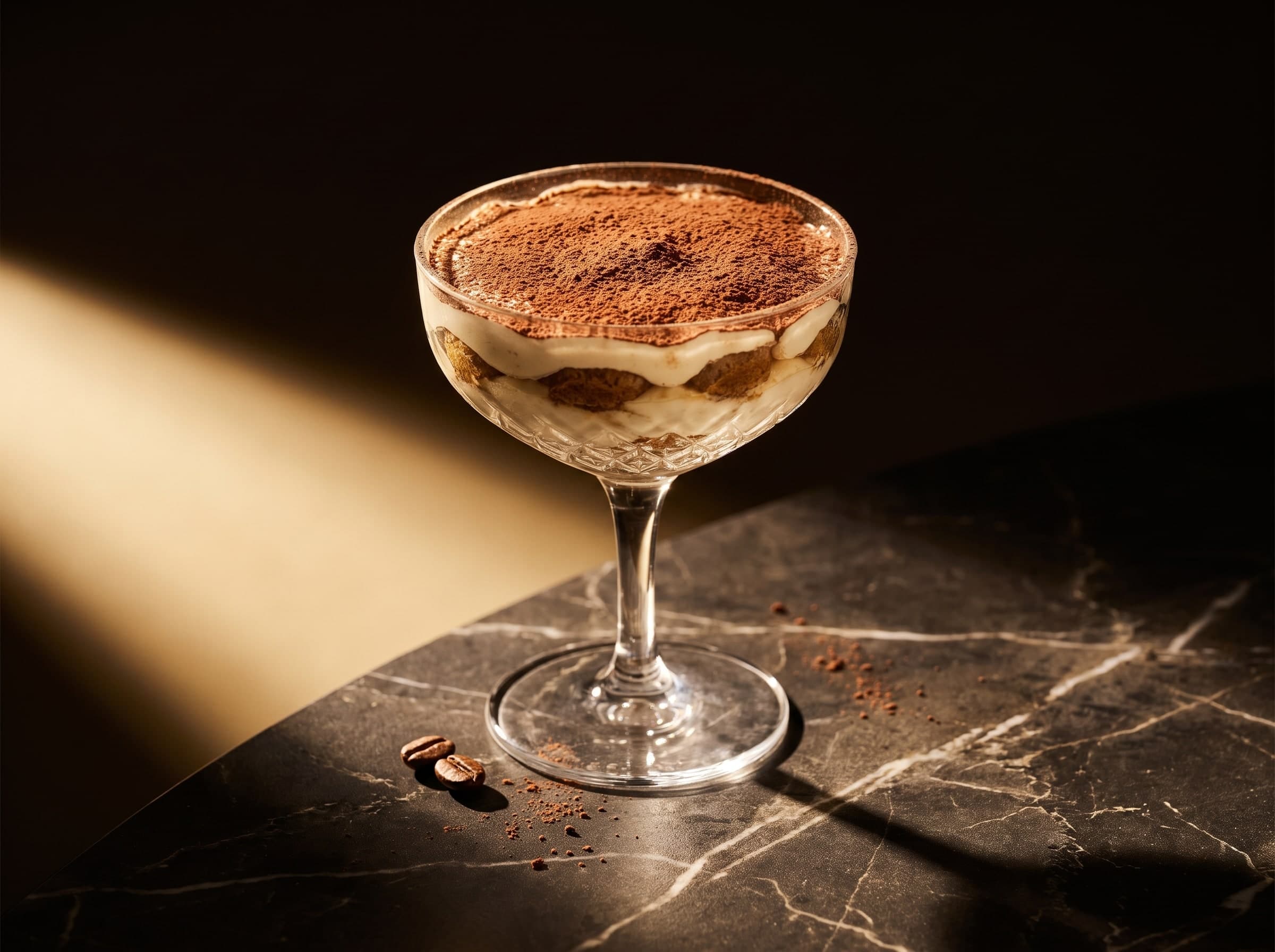 Tiramisu dans une coupe en cristal saupoudré de cacao, à côté des grains de café sur marbre sombre