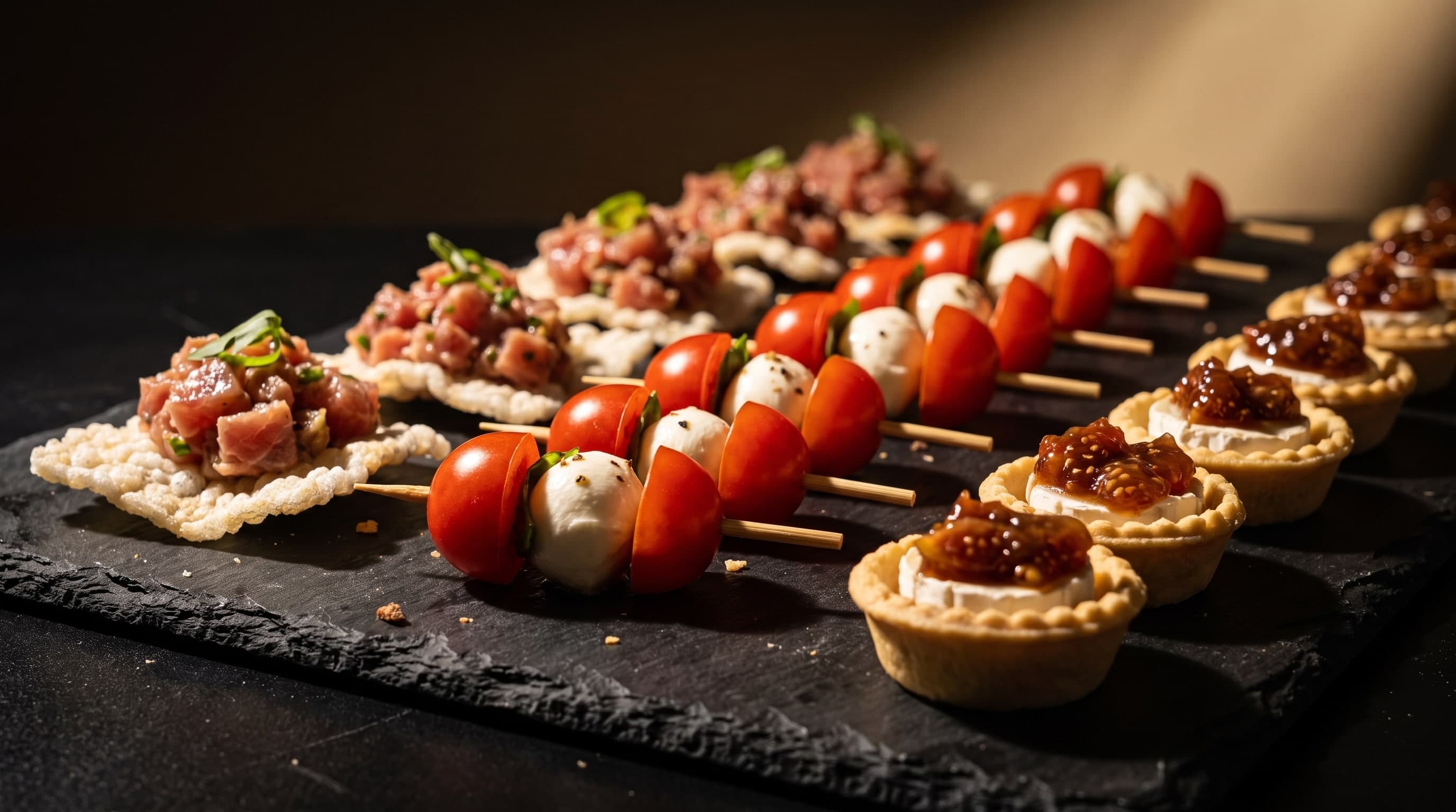 Rangées de bouchées sur ardoise sombre : tartare sur crackers de riz, brochettes caprese et tartelettes à la crème claire et au confit sombre
