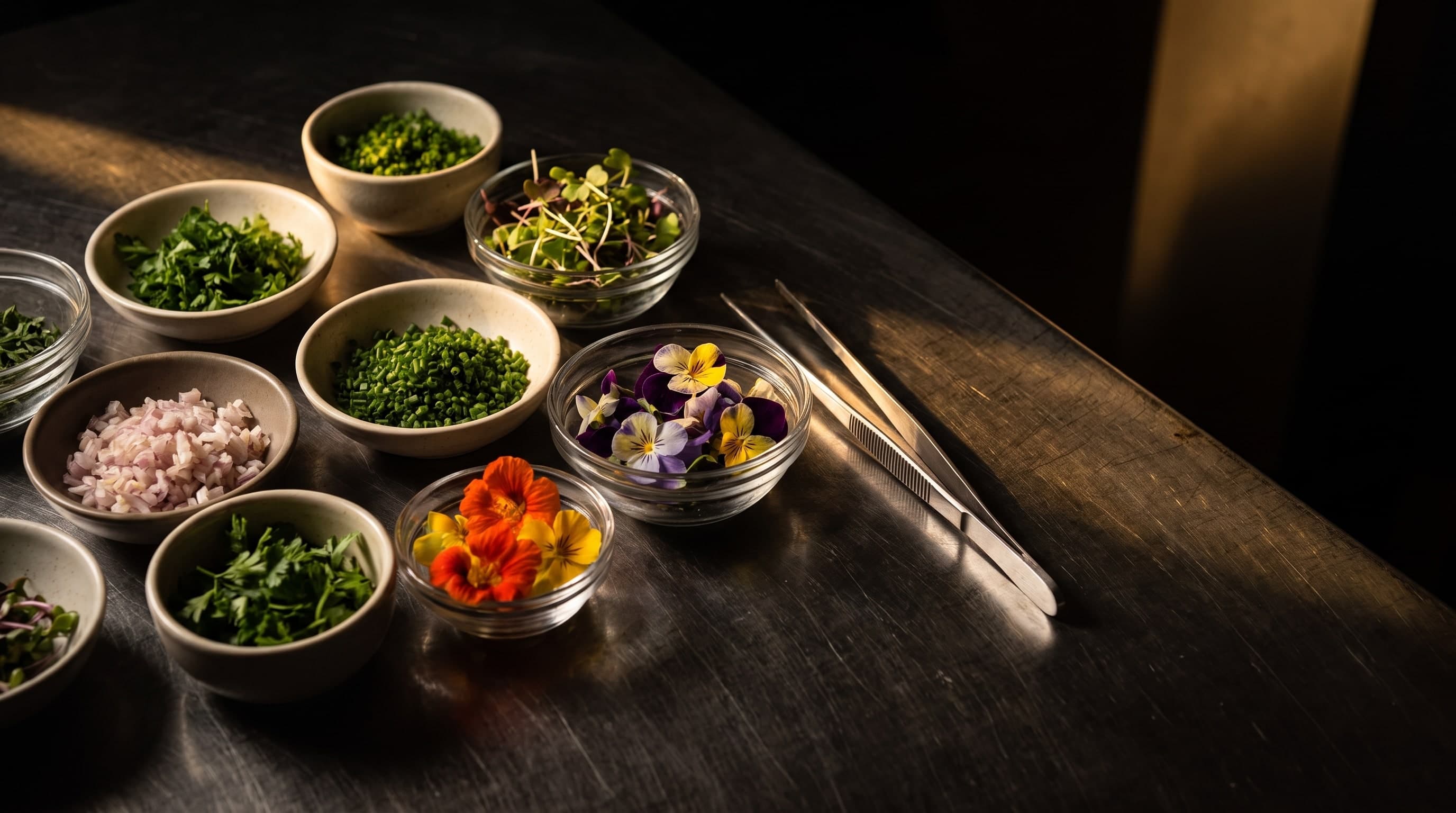 Mise en place sur un plan de travail sombre : coupelles d’herbes, d’échalotes, de jeunes pousses et de fleurs comestibles, à côté une pince de dressage