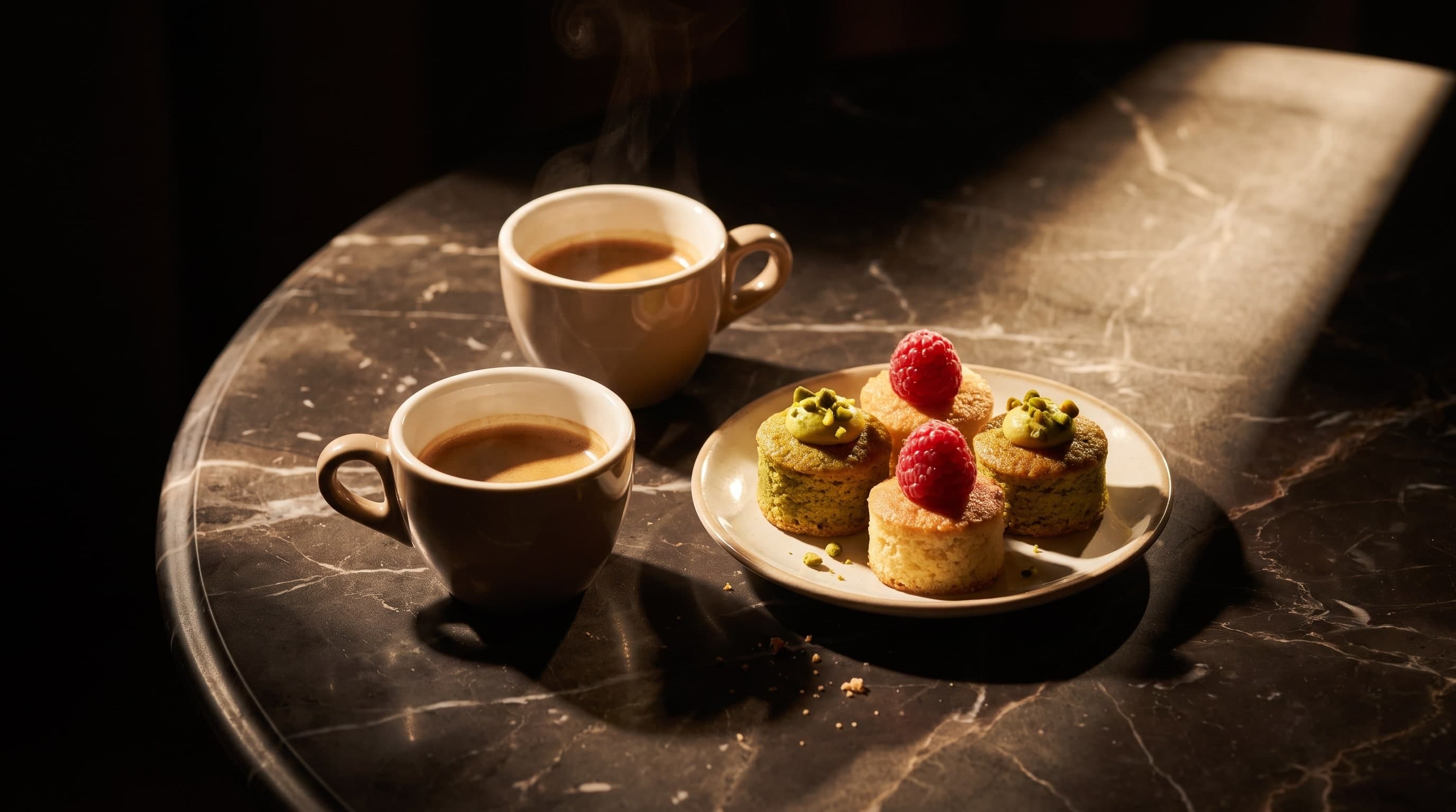 Deux tasses à café et une assiette de petits fours à la pistache et à la framboise sur marbre sombre