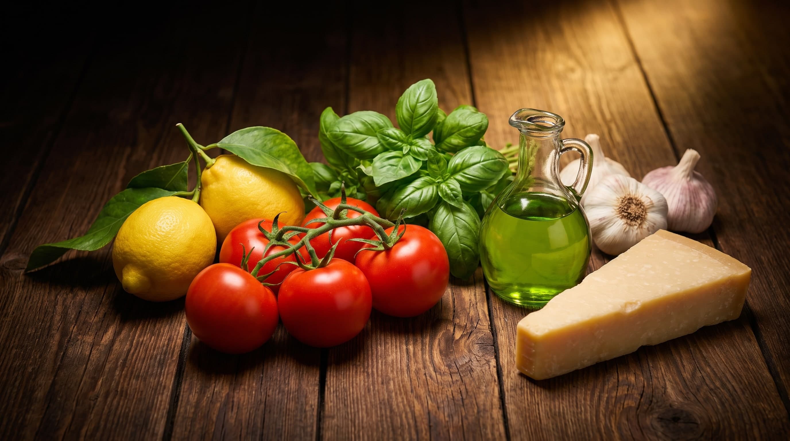 Ingrédients frais sur bois sombre : tomates en grappe, citrons avec leurs feuilles, basilic, ail, huile d’olive et un morceau de parmesan
